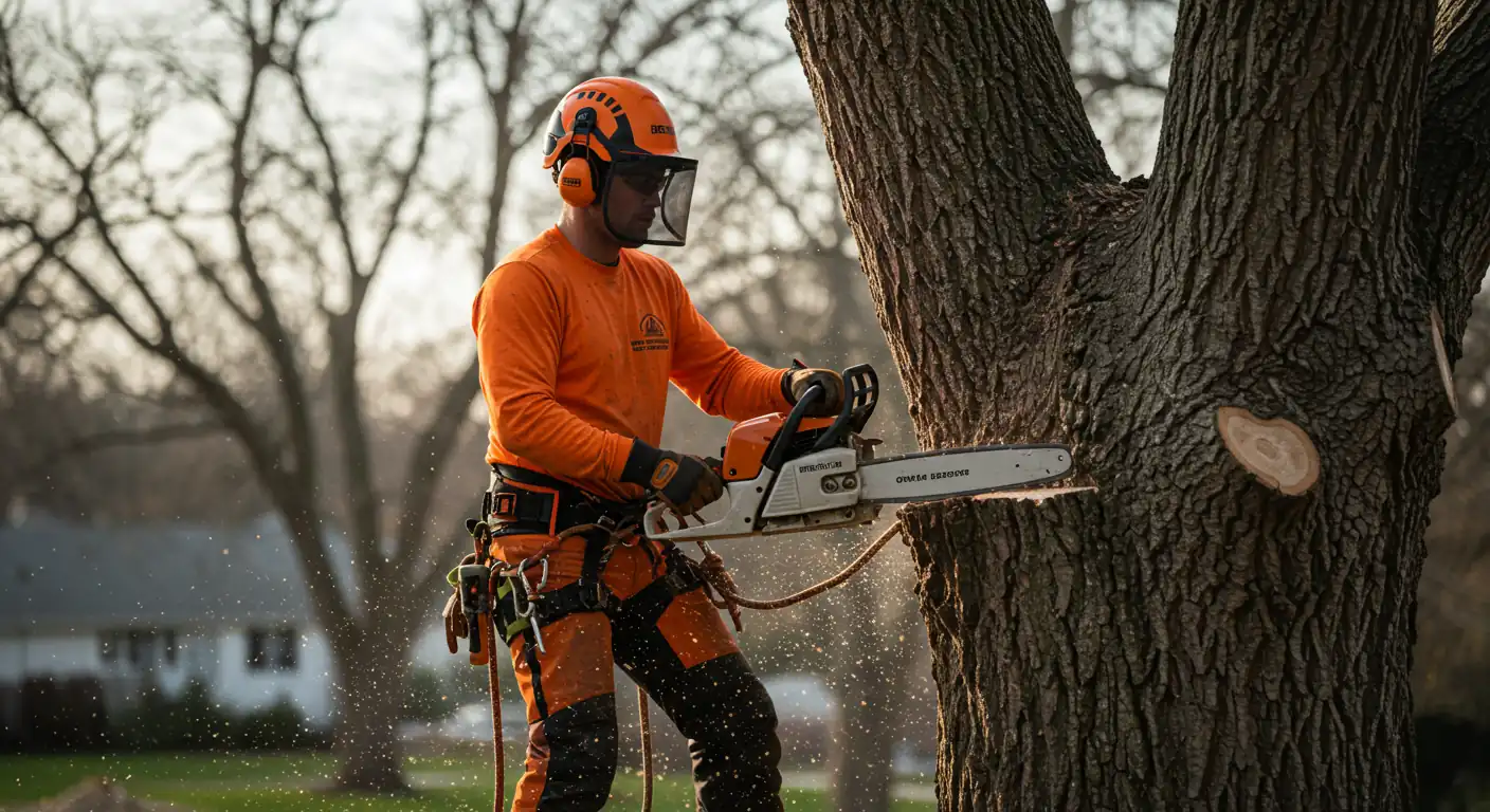 An Omaha Tree Experts arborist uses a chainsaw to perform a professional tree removal in Omaha.