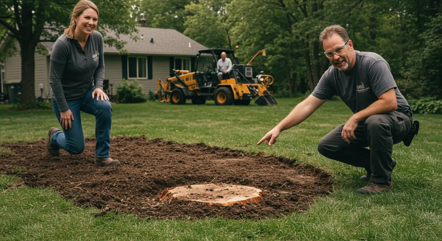 Suburban yard after stump removal by Omaha Tree Experts, clean soil patch ready for new use.
