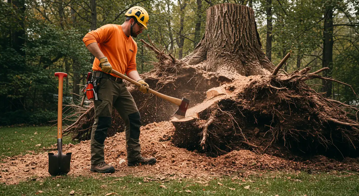 Omaha Tree Experts worker removing tree stump roots manually with safety gear.