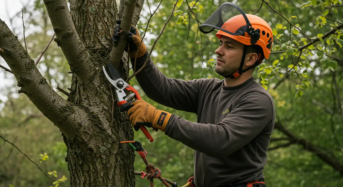 Arborist carefully pruning tree branches in Omaha.