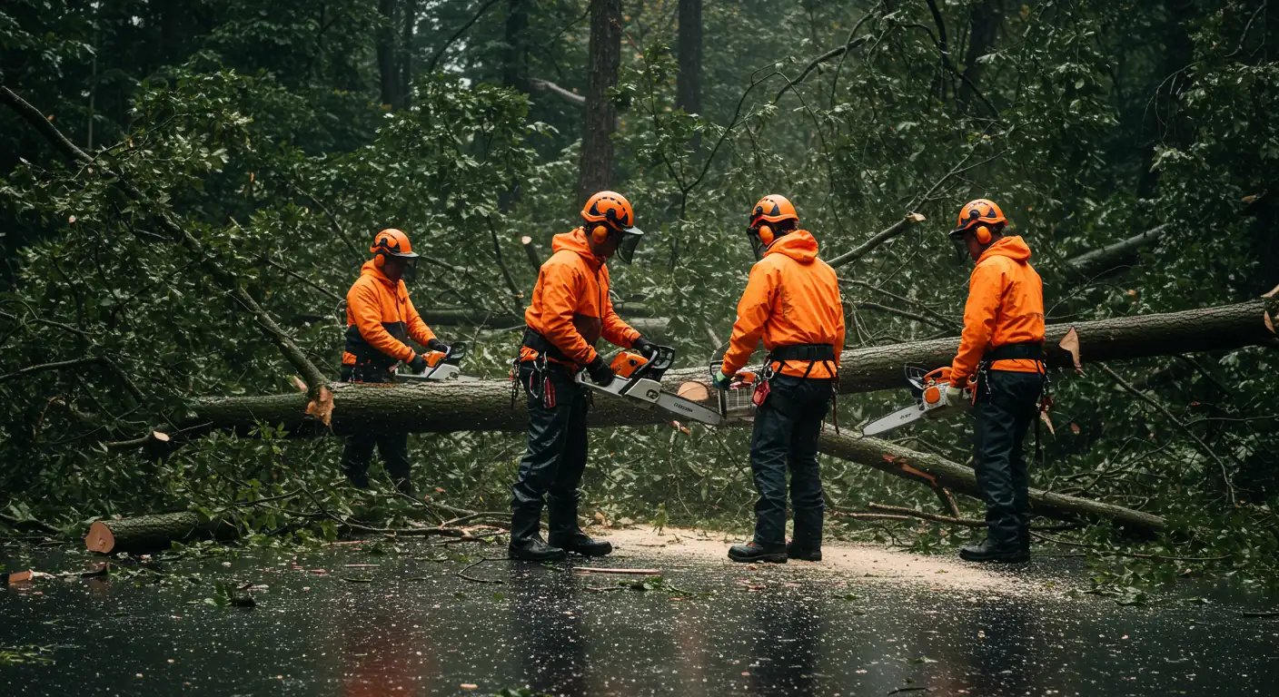 Crew clearing a fallen tree after a storm in Omaha.