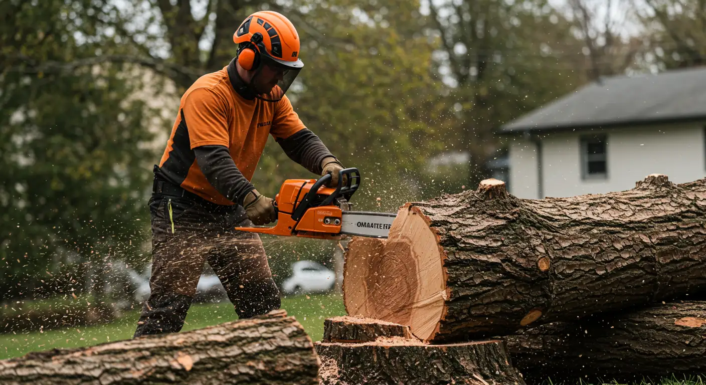 Omaha Tree Experts worker cutting down tree with chainsaw in suburban area.