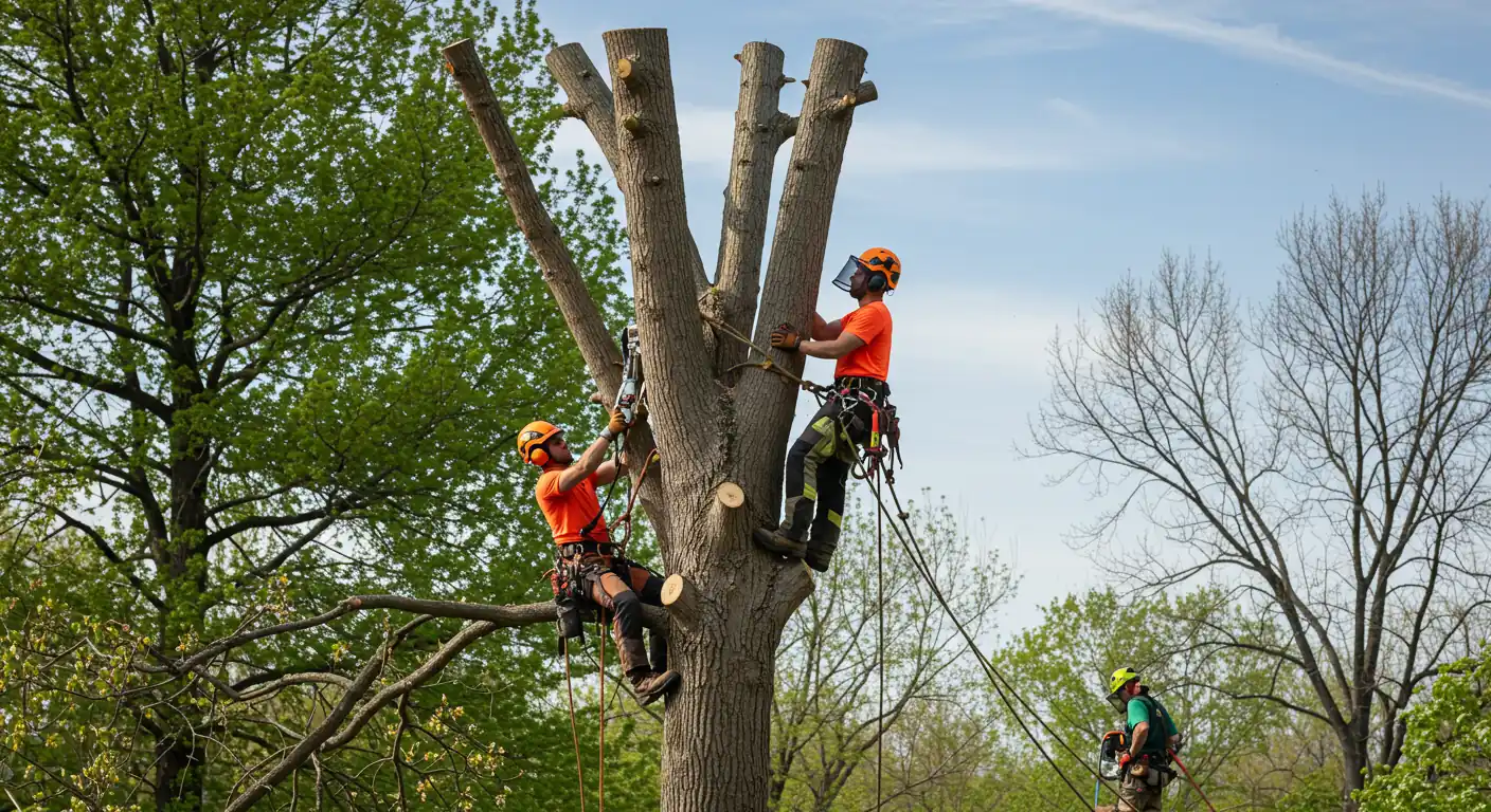 Omaha Tree Experts workers trimming and pruning branches to shape tree crown for healthier growth.