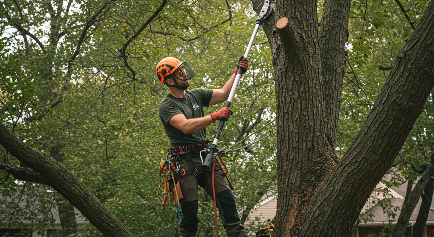 An arborist from Omaha Tree Experts trimming a tree in Omaha.