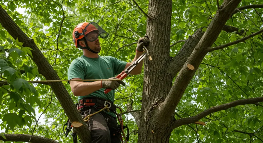 Arborist doing light pruning in summer in omaha