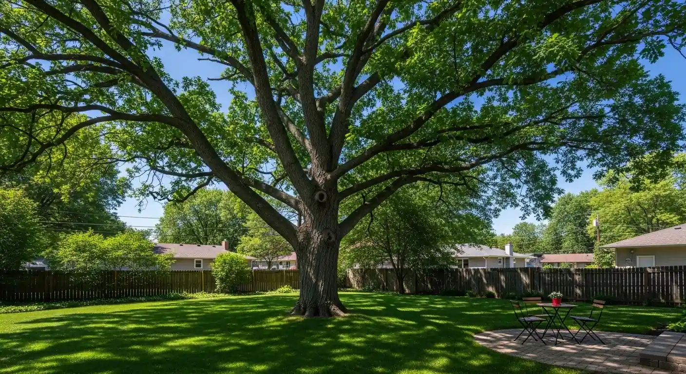Large Bur Oak tree providing shade in a suburban Omaha backyard during summer.