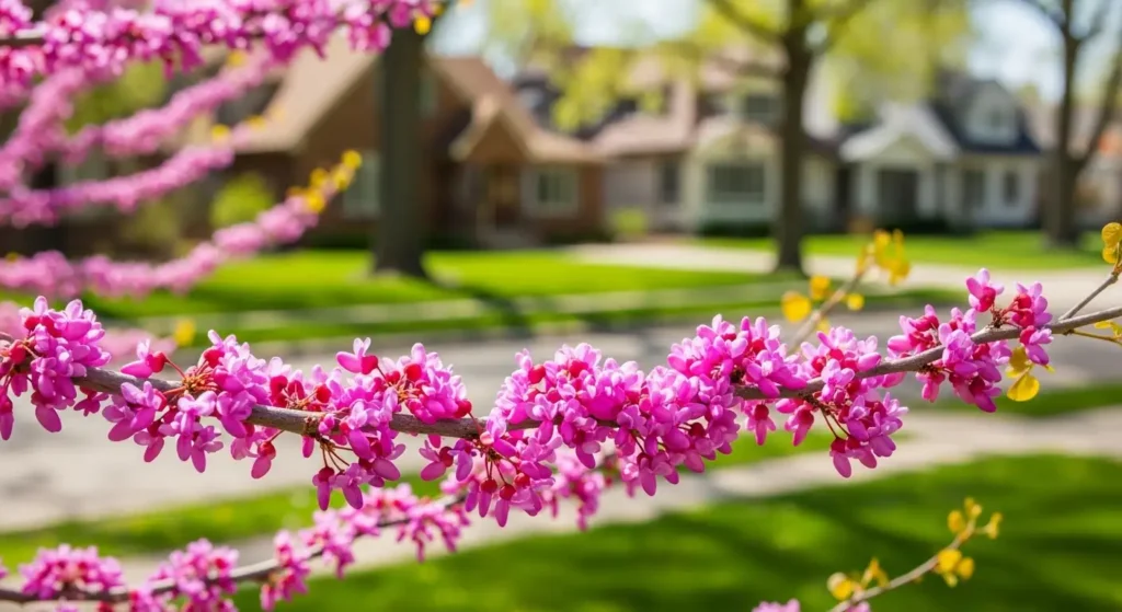 Close-up view of Eastern Redbud tree with pink blossoms in spring in Omaha.