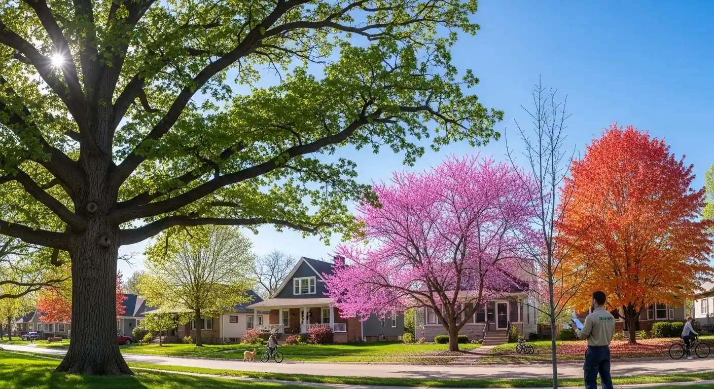 Featured image showing Omaha neighborhood with healthy native trees including Bur Oak, Eastern Redbud, and Sugar Maple under clear sky.