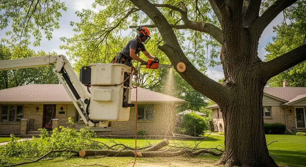 Professional arborist trimming tree branches with a bucket lift in Omaha yard.